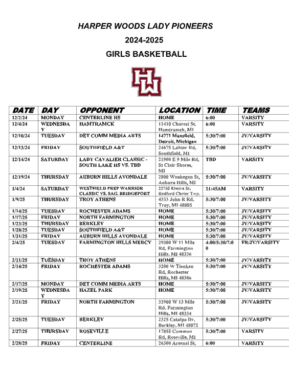 girls basketball schedule