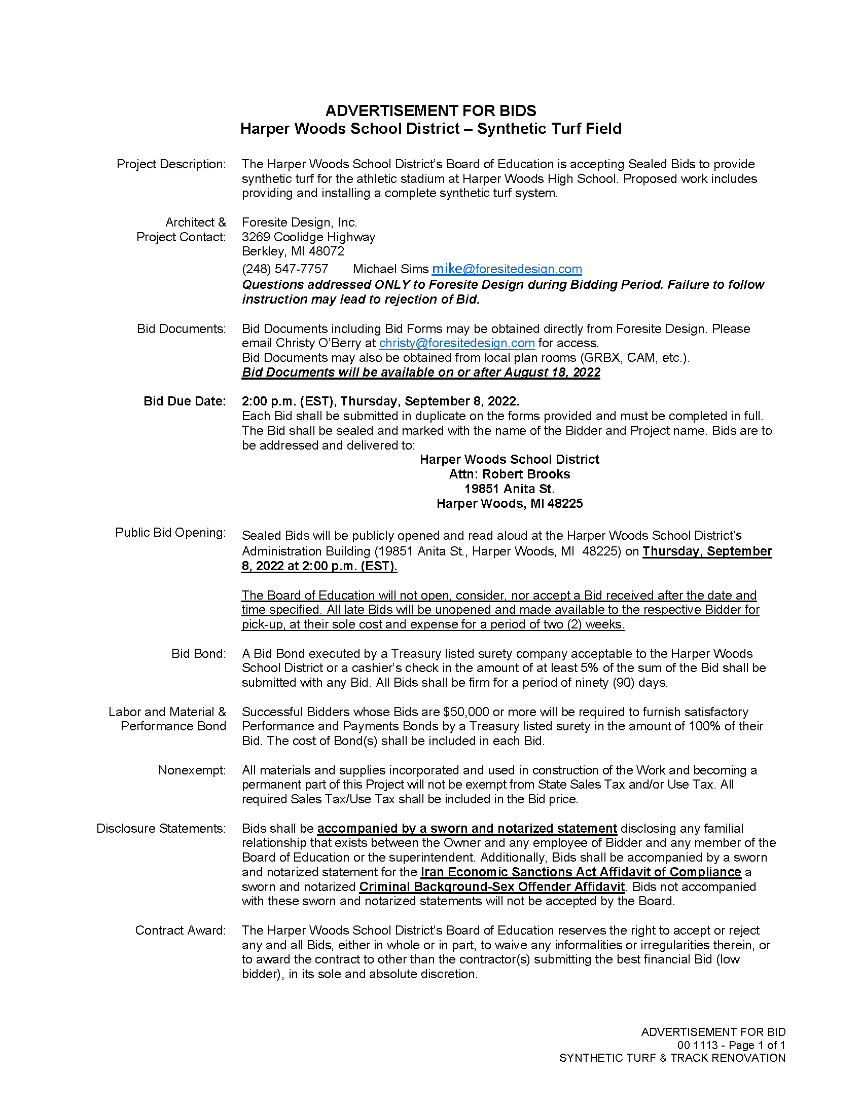 ADVERTISEMENT FOR BIDS  Harper Woods School District – Synthetic Turf Field Document