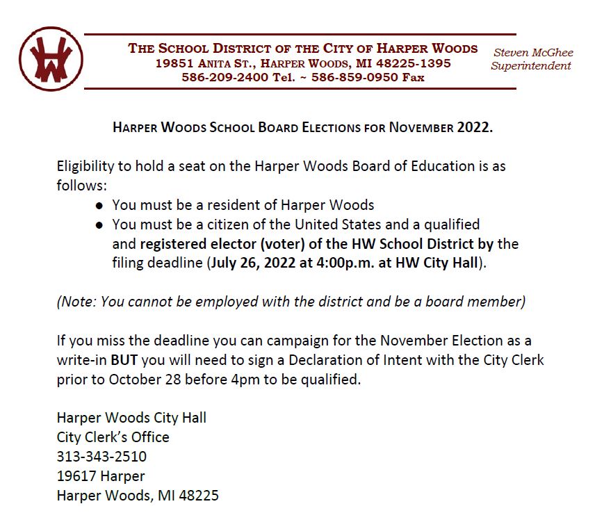 Harper Woods School Board Election for November 2022