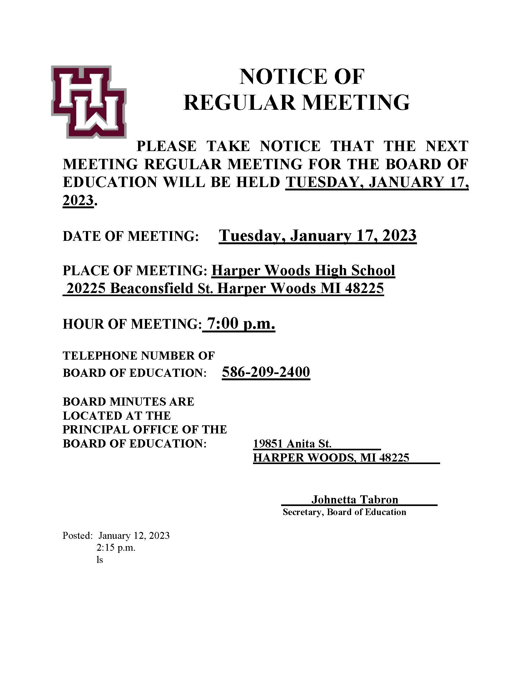 BOARD OF EDUCATION REGULAR MEETING 01-17-2023