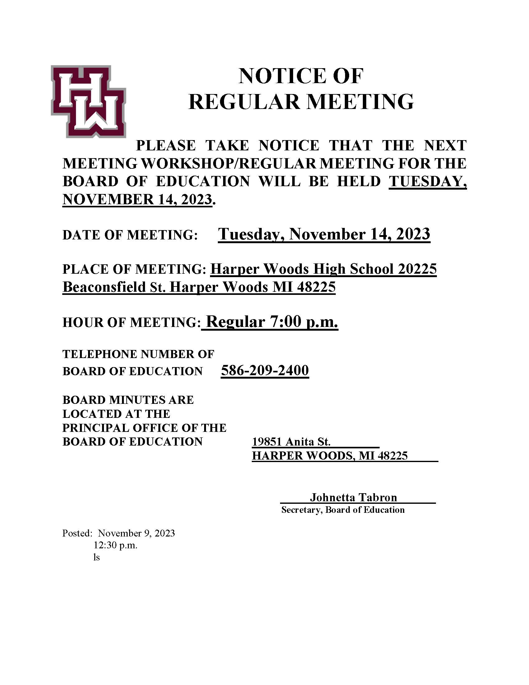 Notice of Regular Meeting 11-14-23