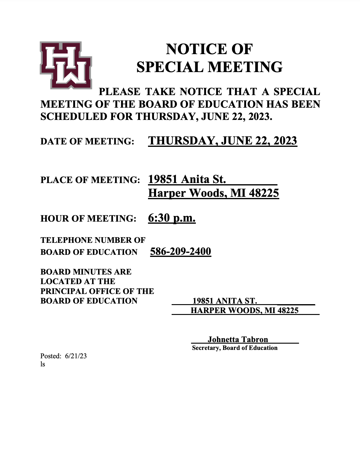 BOE Special Meeting 