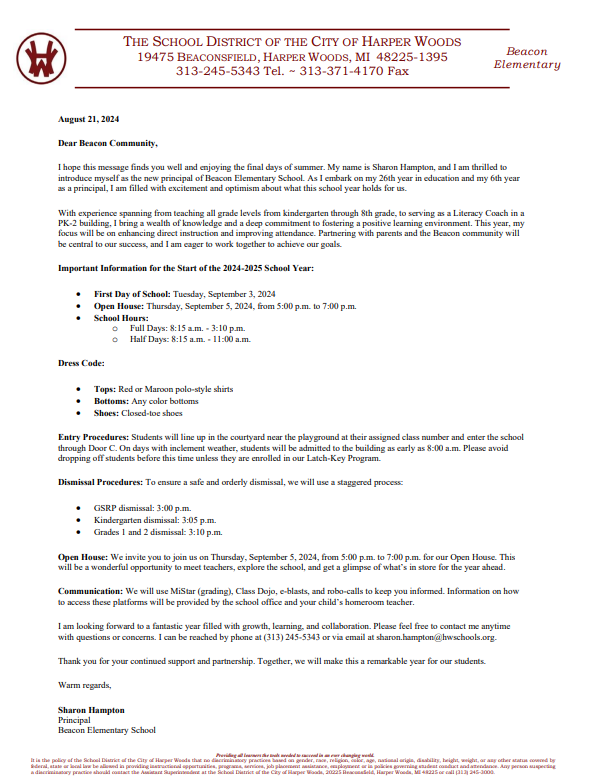 2024-2025 welcome letter