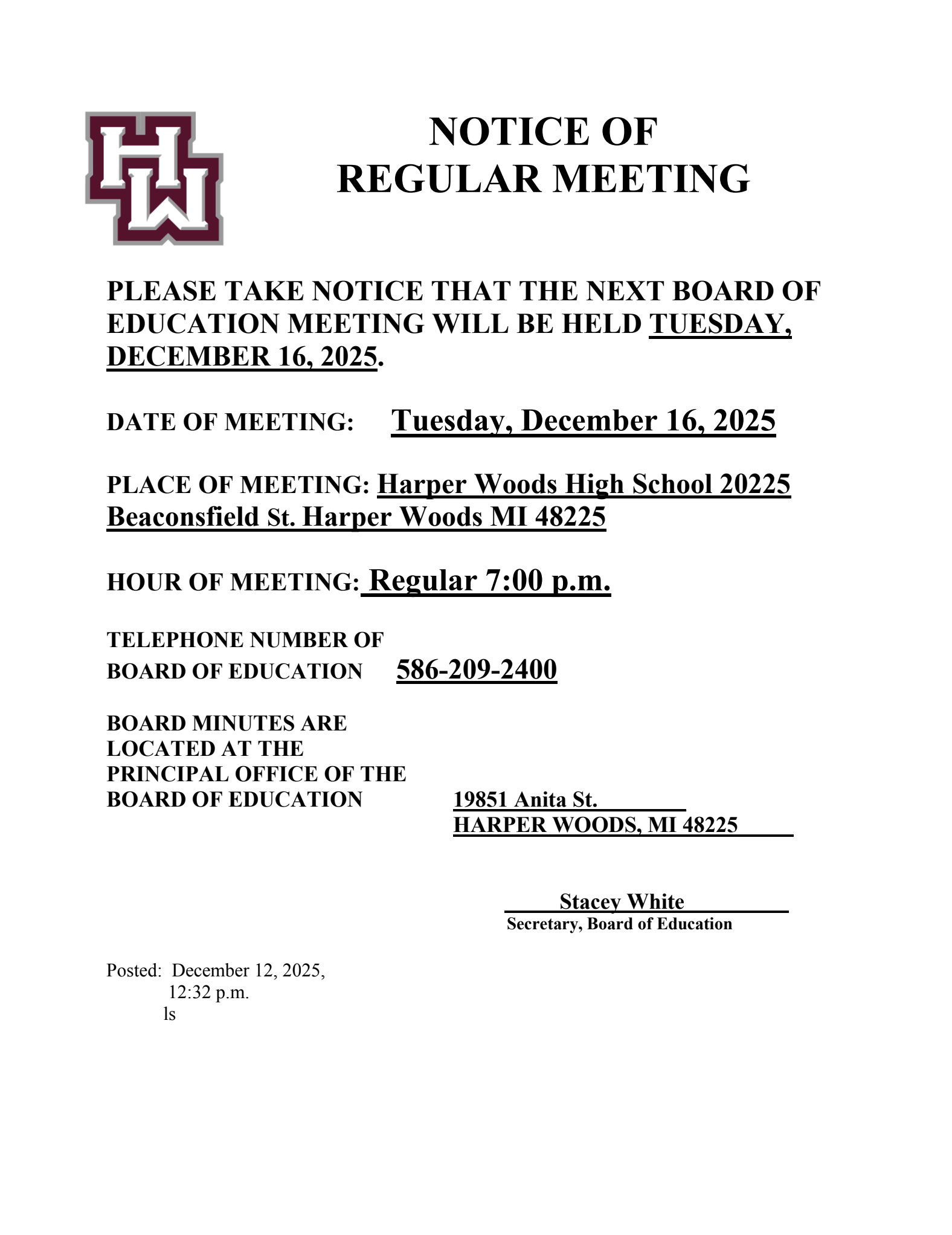 notice of regular meeting 
