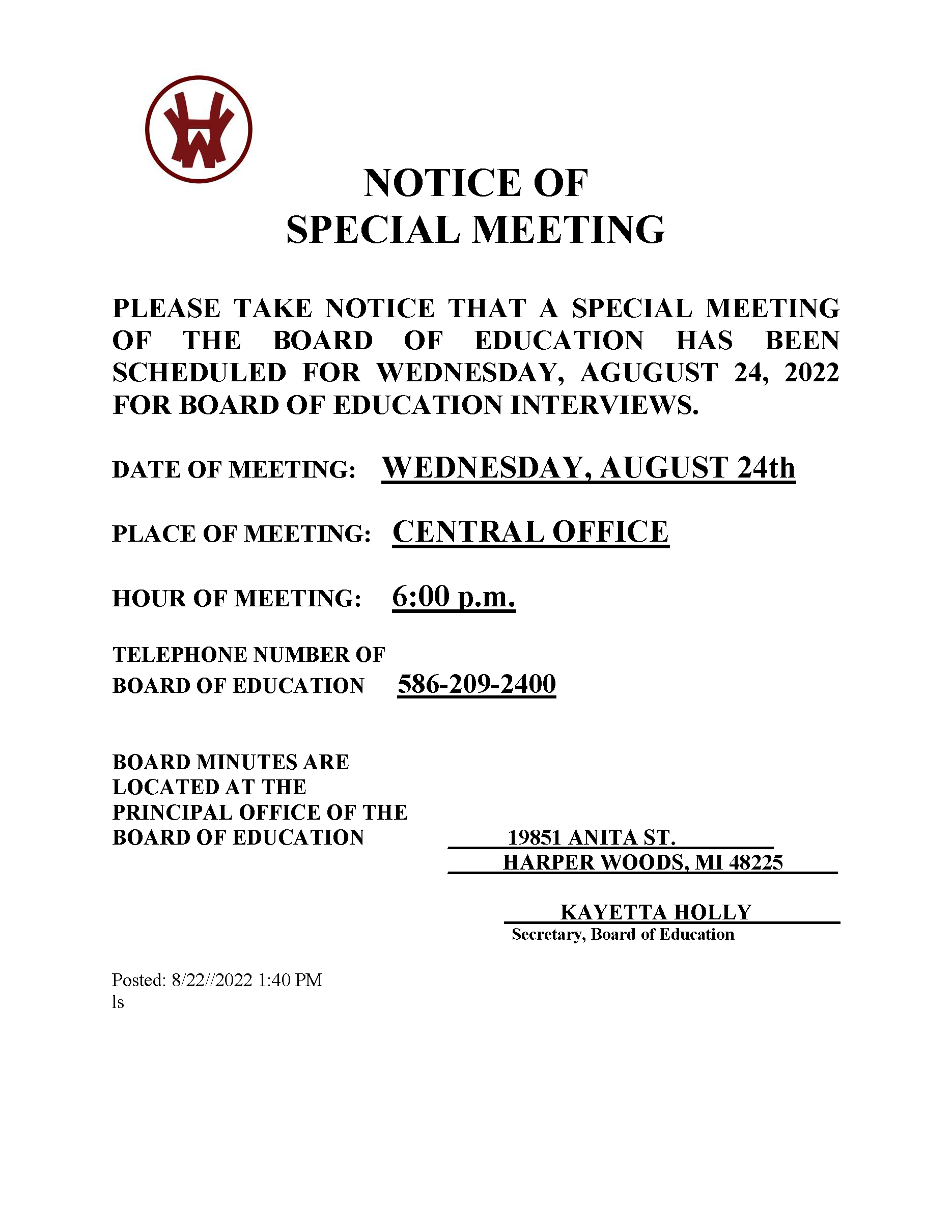 NOTICE OF SPECIAL MEETING document