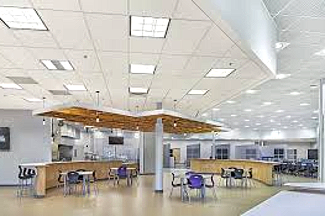 The CCI teaching kitchen service line and dining area