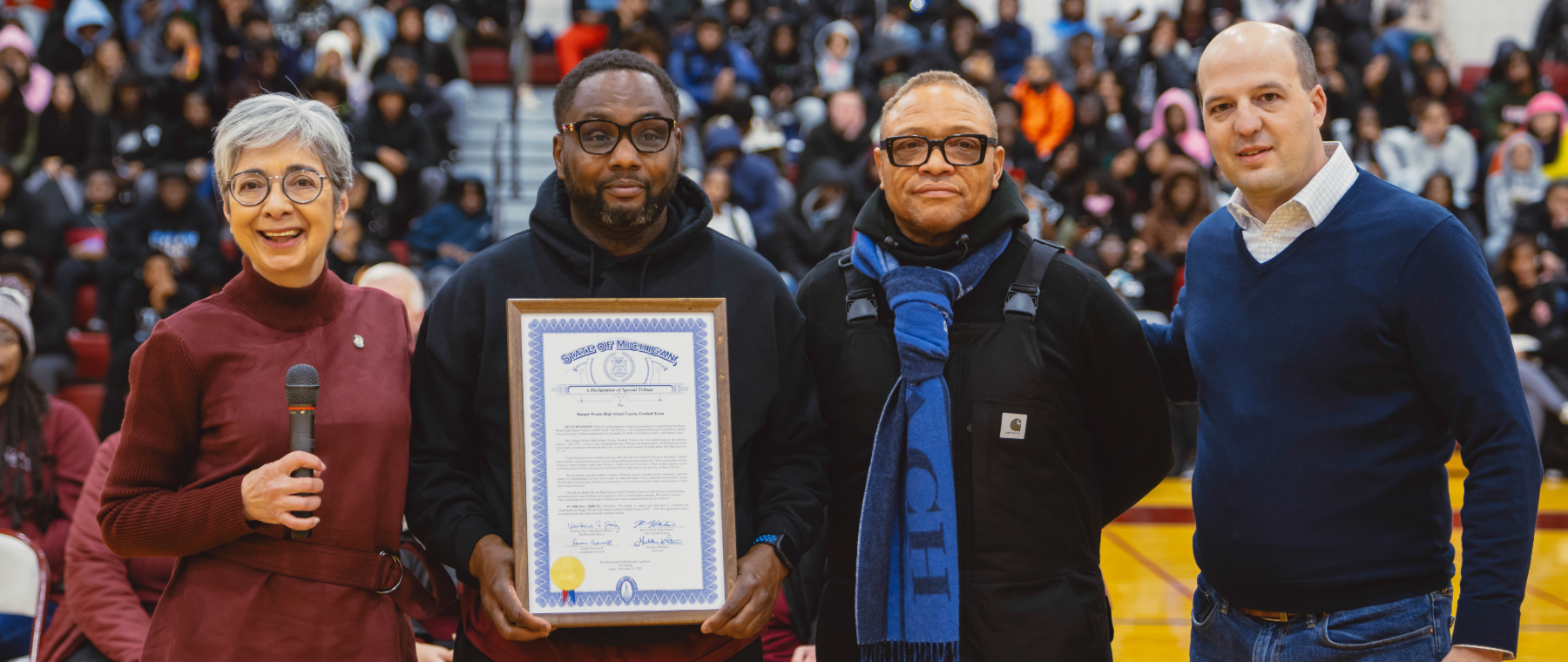 The State of Michigan Declaration of Special Tribute presented to the football team at a school-wide assembly