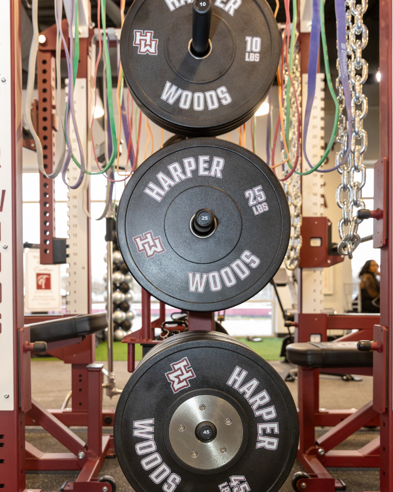 Harper Woods branded bumper plates on the rack