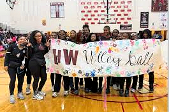 The Harper Woods volleyball team at a school pep rally